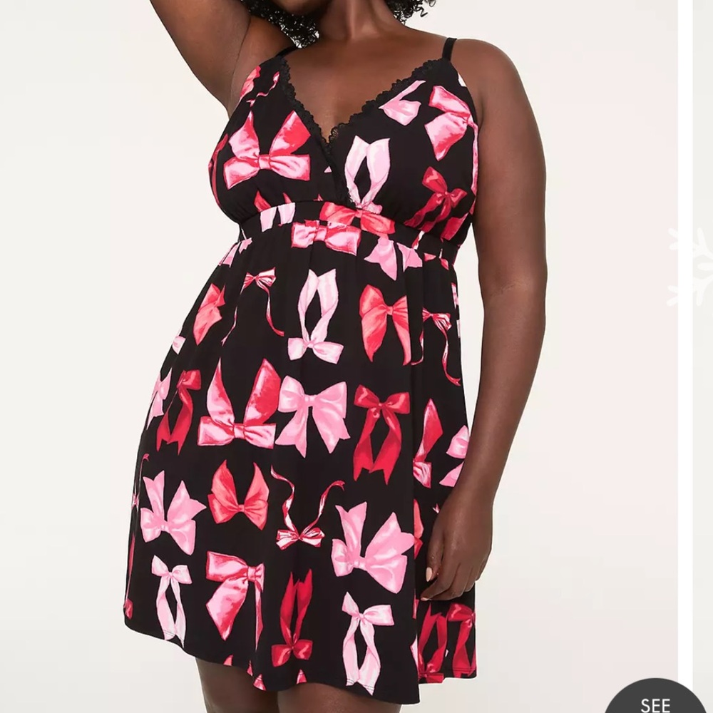 Comfy Cotton Bow Print Lace-Trim Chemise 14/16